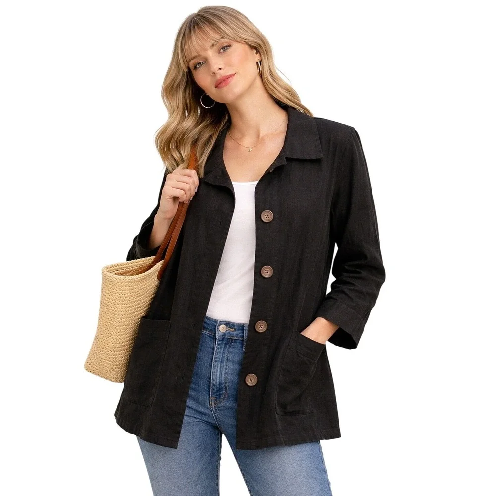 Habitat Womens Jacket Black Hemp Organic Cotton Button‎ Down  Lagenlook  XL